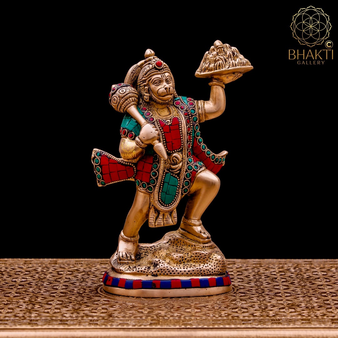 Brass Hanuman Statue Carrying Sanjivani Parvat, 22 Cm Small Size