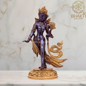 Brass Standing Tara Statue, 39 cm big Black Golden Finish Brass Tara Statue, Buddhism, Female Shakti, Bodhisattva, Buddhist Savior