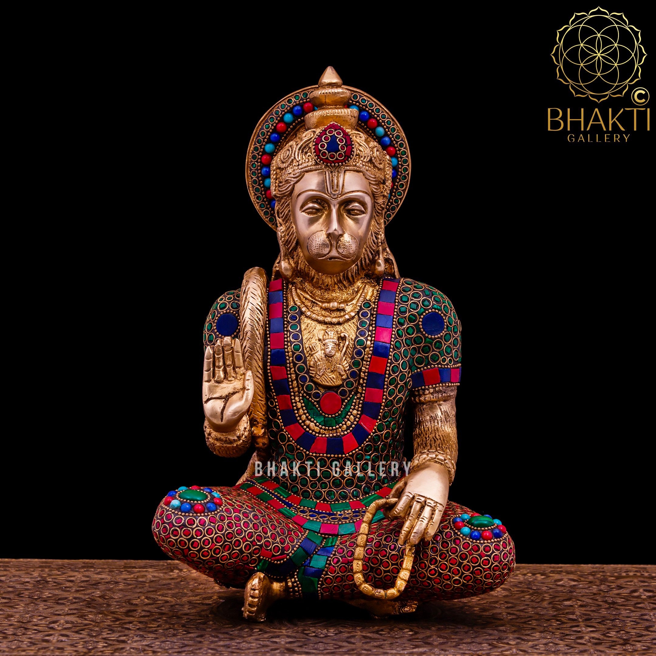 Brass Hanuman Statue with Stonework, 29 cm Big Brass Blessing Lord Hanuman Idol, Hindu Monkey god of Devotion Strength Celibacy & Bhakti