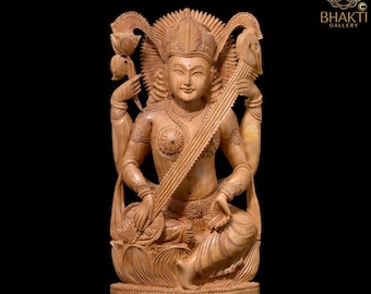 Wooden Saraswati Statue on Lotus, 31 cm Big Hand Carved Wooden Goddess Saraswati Idol, Hindu goddess of Arts Music Knowledge & Wisdom