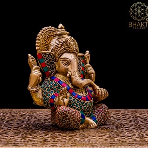 Brass Ganesha Statue, 14 cm Small Size Brass Ganesh Statue with Stonework, Hindu Elephant God Deity, Good Luck Gift for New Beginnings. image 3