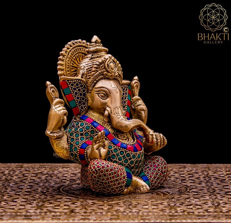 Brass Ganesha Statue, 14 cm Small Size Brass Ganesh Statue with Stonework, Hindu Elephant God Deity, Good Luck Gift for New Beginnings. image 3