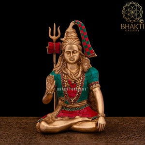 Brass Shiva Statue with Stonework, 30 cm Big Brass Lord Shiva Idol, Shiv Murti, Rishikesh Siva Morti, Bholenath, Mahadev, Shankar, Shankara