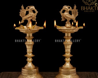 Annapakshi Brass Diya Stand Set of 2, 28 cm Annam Bird Brass Oil Lamp Stand 2 Piece Set, Brass Kuthu Vilakku, Long Brass Diya Deepam Deepak