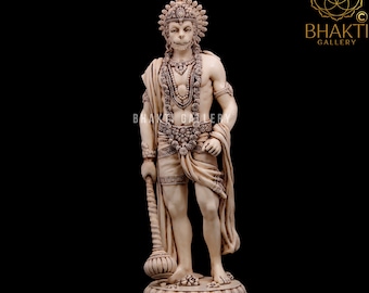 Lord Hanuman Statue, 27 cm Ivory Finish Dust Marble Hanuman Statue, Standing Hanuman Idol, Hindu Monkey god of Devotion Strength & Bhakti