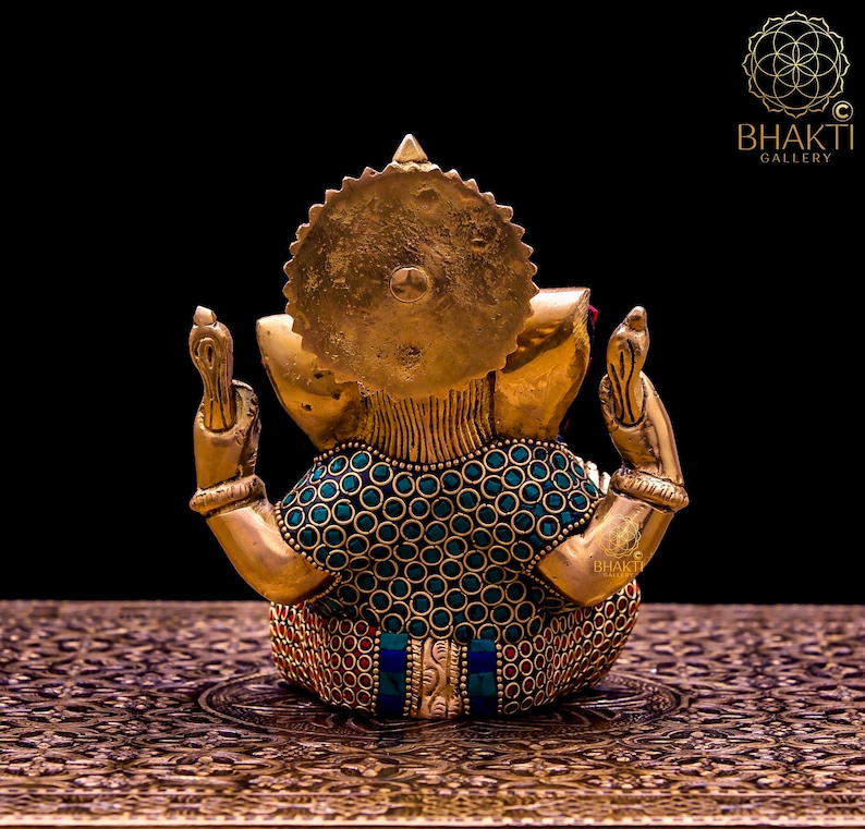 Brass Ganesha Statue, 14 cm Small Size Brass Ganesh Statue with Stonework, Hindu Elephant God Deity, Good Luck Gift for New Beginnings. image 5
