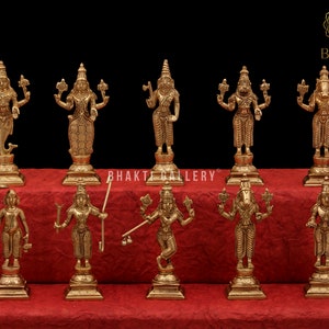 Brass Vishnu Dashavatar Set, 15 cm Brass Vishnu Dashavatara Set, Ten Incarnations Avatars of Lord Vishnu in Brass, Vishnu Dash Avatar