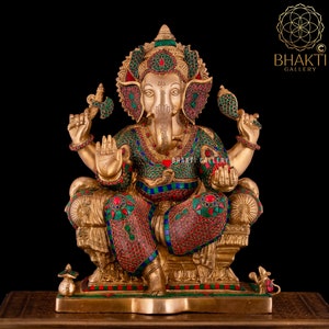 Brass Ganesha Statue Large with Mosaic Stonework, 47 cm Big Large Size Brass Ganesh Sculpture, Lord Ganapathi Idol, Home Entrance Decor
