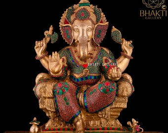 Brass Ganesha Statue Large with Mosaic Stonework, 47 cm Big Large Size Brass Ganesh Sculpture, Lord Ganapathi Idol, Home Entrance Decor