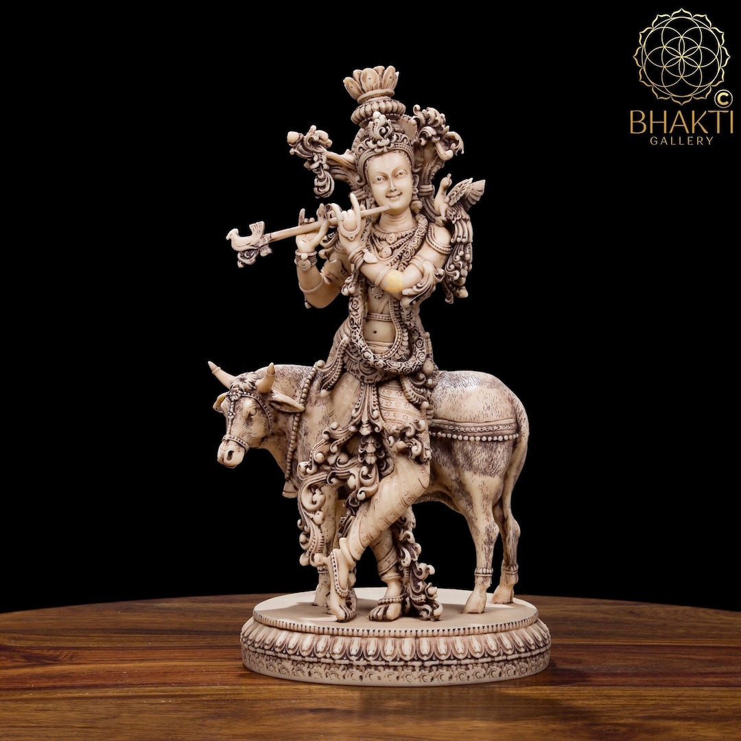 Lord Krishna Idol With Cow, 27 Cm Big Antique Finish Ivory Look Dust
