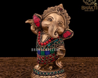 Brass Dancing Ganesha Statue, 12 cm Small Size Brass Standing Ganesh Statue with Mosaic Stonework, Small Ganesha Idol for gift, Ganapathi