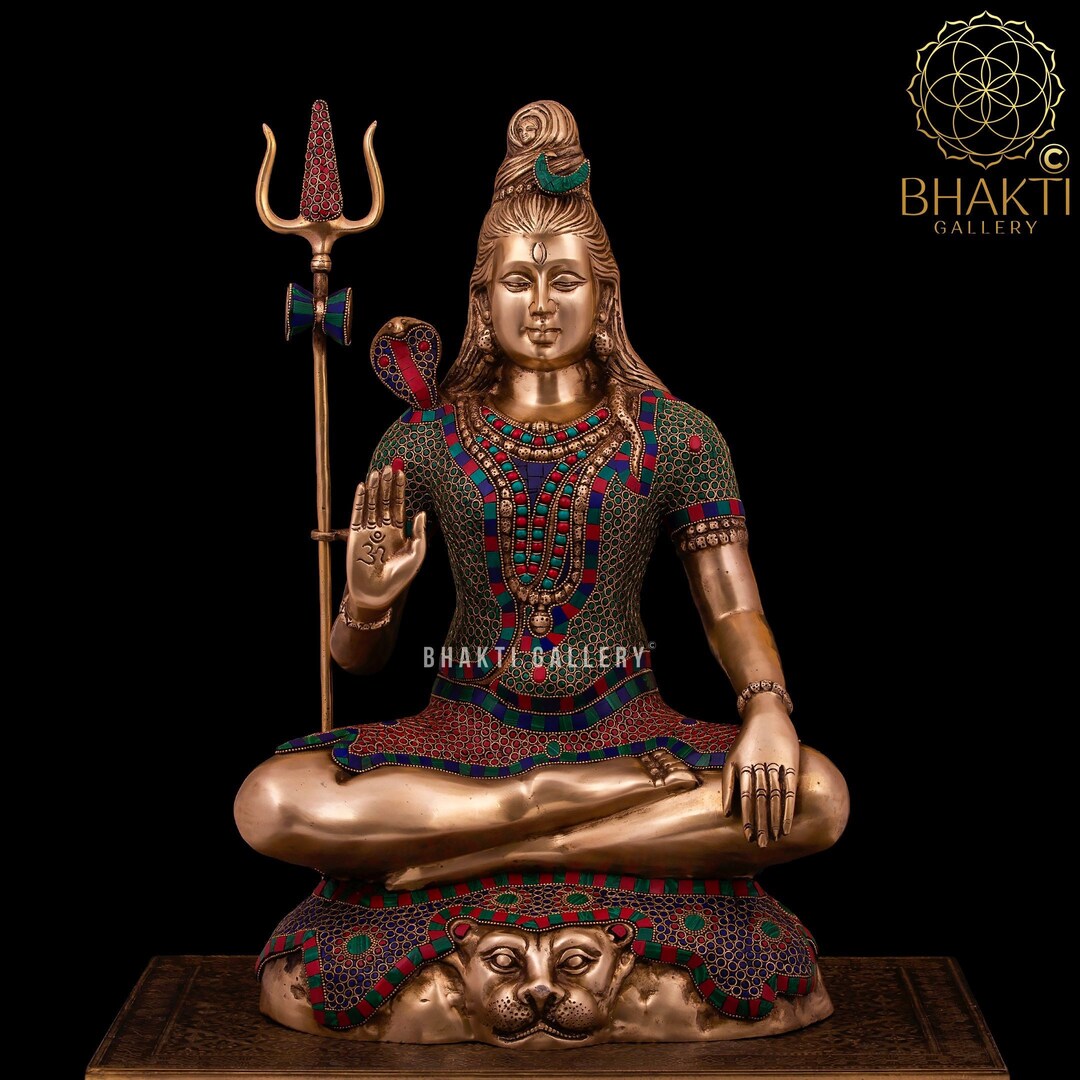 Large Shiva Statue Brass With Stonework, Brass Lord Shiva Idol, Large