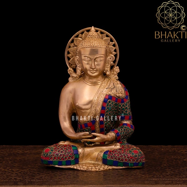 Amitabha Buddha Statue, 25 cm Brass Buddha Idol with Stonework, Dhyani Buddha Statue, Meditating Buddha, Yoga Studio Meditation Room Decor.