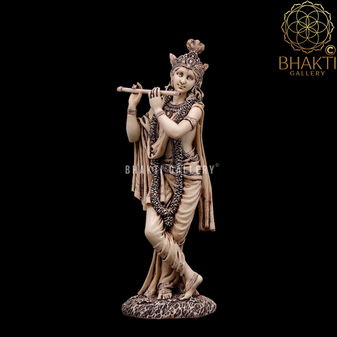Lord Krishna Statue, 25 Cm Ivory Looks Antique Finish Dust Marble