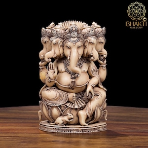 Panchmukhi Ganesh Statue, 16 cm Ivory look Antique Finish Dust Marble Five Face Panchamukhi Ganesha Statue, Five headed Lord Ganpati Idol