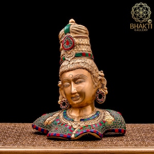 Brass Parvati Bust with Stonework, 30 cm Big Brass Goddess Parvati Head, Hindu goddess of fertility love beauty harmony & marriage