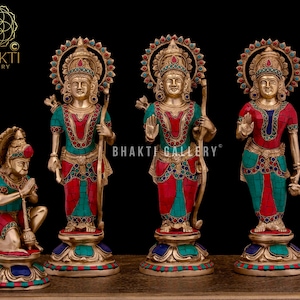 Brass Ram Darbar Statue with Stonework, 33 cm Big Brass Ramdarbar Statue, Rama Family Idol, Colourful Ram Darbar Murti, Ram-Darbar Statue