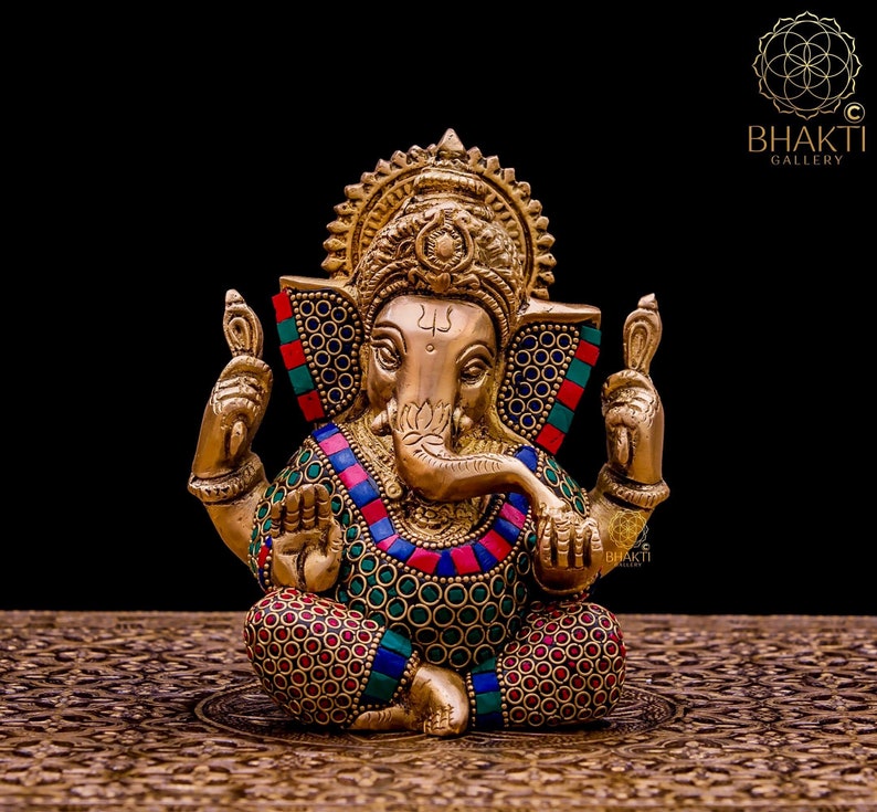 Brass Ganesha Statue, 14 cm Small Size Brass Ganesh Statue with Stonework, Hindu Elephant God Deity, Good Luck Gift for New Beginnings. image 1