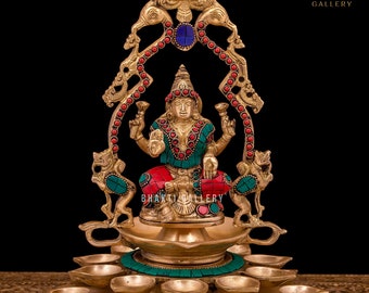 Brass Lakshmi Oil Lamp Diya with Stonework, 30 cm Brass Laxmi Oil Diya Lamp, Deepawali Puja Oil Lamp, Ganesha Deepak, Brass Decorative Diya