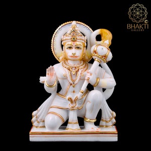 Marble Hanuman Statue, 25 cm Hand Painted Hand Craved White Marble Hanuman Idol. Hindu Monkey god of Devotion, Strength, Celibacy & Bhakti.