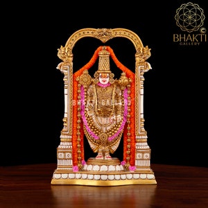 Standbeeld Tirupati Balaji, 21 cm handgeschilderd stofmarmer Shri Venkateswara Idol, Venkata-figuur, Srinivasa Murti, standbeeld Venkateshwar