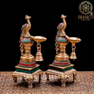 Brass Diya Set of 2 with Bell, 27 cm Peacock Design Brass Oil Lamp Stand 2 pc Set, Traditional Indian Oil Lamps, Brass Decorative Diya