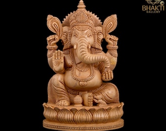 Statue de Ganesh en bois, 23 cm Grande Statue de Ganesh en bois sculpté à la main, Ganapati. Dieu éléphant hindou et cadeau porte-bonheur pour un nouveau départ.