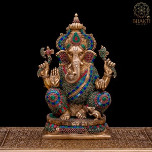 Big Large Size Ganesha Statue in Brass, 40 cm Big Large Size Brass Ganesh Sculpture with Stonework, Elephant Headed Hindu God of Good Luck.