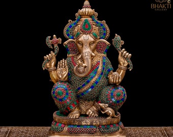 Big Large Size Ganesha Statue in Brass, 40 cm Big Large Size Brass Ganesh Sculpture with Stonework, Elephant Headed Hindu God of Good Luck.