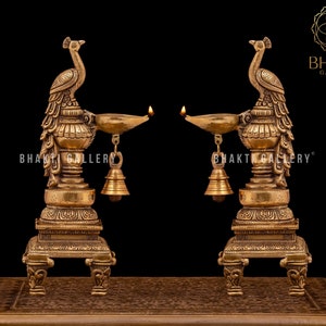 Brass Diya Stand with Bell 2 piece Set, 27 cm Peacock Design Brass Oil Lamp, Traditional Indian Diyas, Brass Decorative Oil Lamps, Deepam