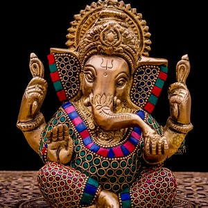 Brass Ganesha Statue, 14 cm Small Size Brass Ganesh Statue with Stonework, Hindu Elephant God Deity, Good Luck Gift for New Beginnings. image 2