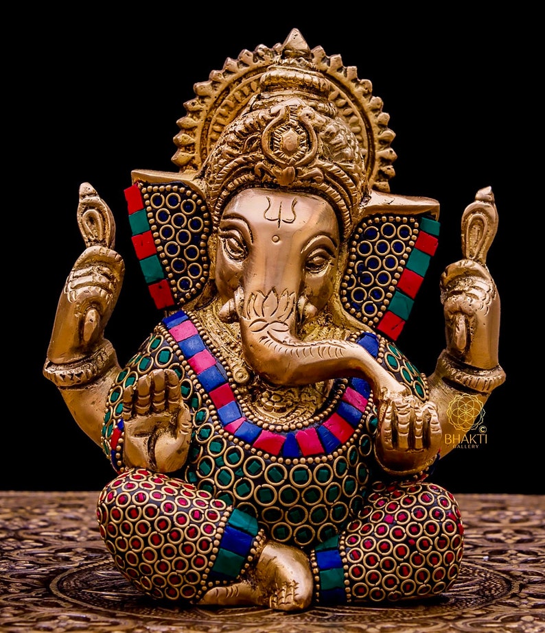 Brass Ganesha Statue, 14 cm Small Size Brass Ganesh Statue with Stonework, Hindu Elephant God Deity, Good Luck Gift for New Beginnings. image 2