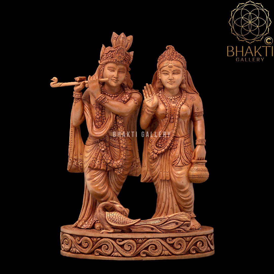 Radha Krishna Statue Wooden, 32 Cm Big Hand Carved Wooden Radha Krishn