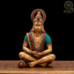 Brass Hanuman Statue with Stonework, 30 cm Meditating Lord Hanuman Idol. Hindu Monkey god of Devotion, Strength, Celibacy & Bhakti
