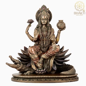 Maa Ganga Statue on Crocodile, 21 cm Bonded Bronze Goddess Ganga Statue, Holy River Ganga Idol, Indian Divine Mother Ganga, Maa Ganga Murti