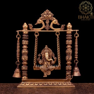 Brass Ganesha Statue on a Swing with Bells, 25 cm Swinging Ganpati Idol in Brass, Ganesh on a Swing, Swinging Ganesh Idol, Jhula Ganesh Idol