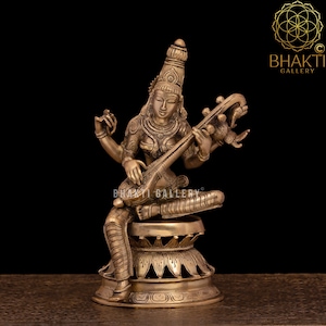 Brass Saraswati Statue, 31 cm Big Antique Finish Goddess Saraswati Statue, Brass Sarasvati Idol, Hindu goddess of Arts Music & Knowledge