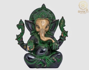 Brass Ganesha Statue, 21 cm Antique Finish Brass Ganesh Idol, Ganapati, Ganpati Idol. Hindu God of good luck, success & new beginnings