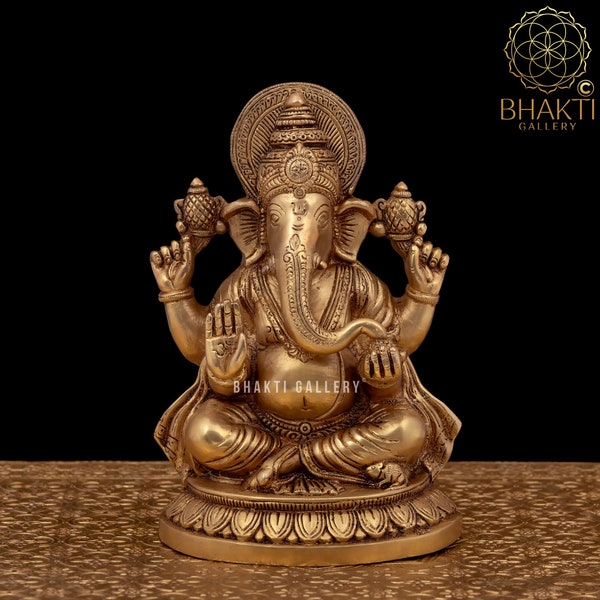 Brass Ganesh Statue, 21 cm Golden Finish Brass Ganesha Statue, Elephant God Statue, Good Luck Gift for New Beginnings, House warming gift