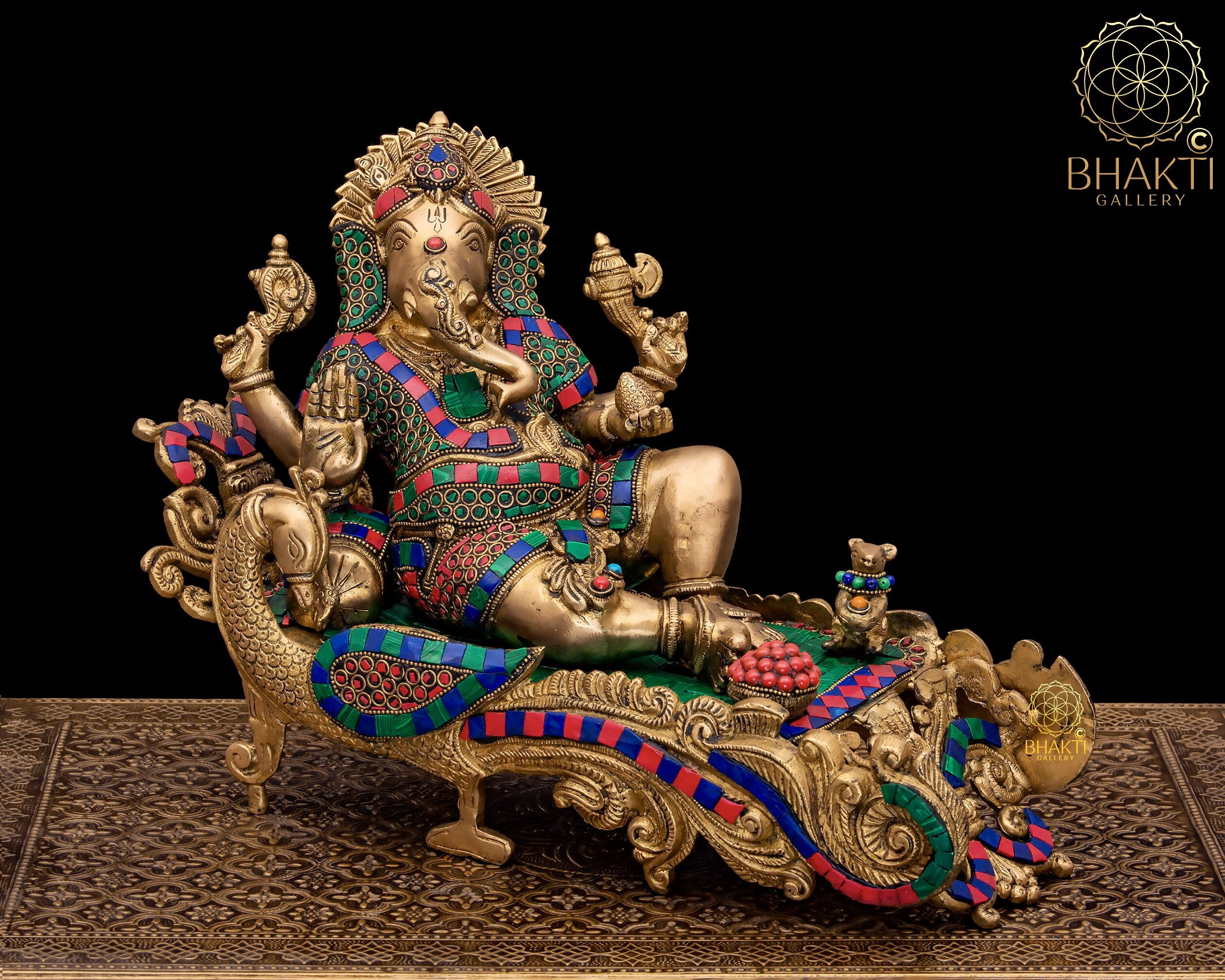Resting Ganesha Statue Large with Stonework, 39 cm Big Brass Ganesha Idol, Resting Ganesh Statue for Home office and Yoga Studio Decor