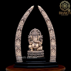 Lord Ganesha Statue with Tusks, Antique Finish Ivory look Dust Marble Lord Ganesh Idol with Tusks, Religious Home Decor, House warming gift