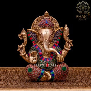 Brass Ganesha Statue with Mosaic Stonework, 21 cm Brass Ganesh Statue, Ganpati Idol, Good Luck Gift for New Beginnings, House warming gift.