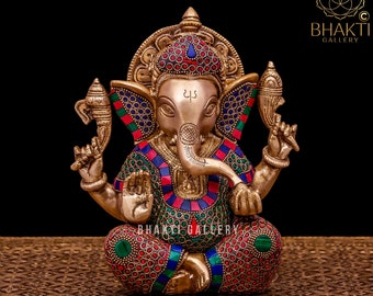 Brass Ganesha Statue with Mosaic Stonework, 21 cm Brass Ganesh Statue, Ganpati Idol, Good Luck Gift for New Beginnings, Housewarming gift
