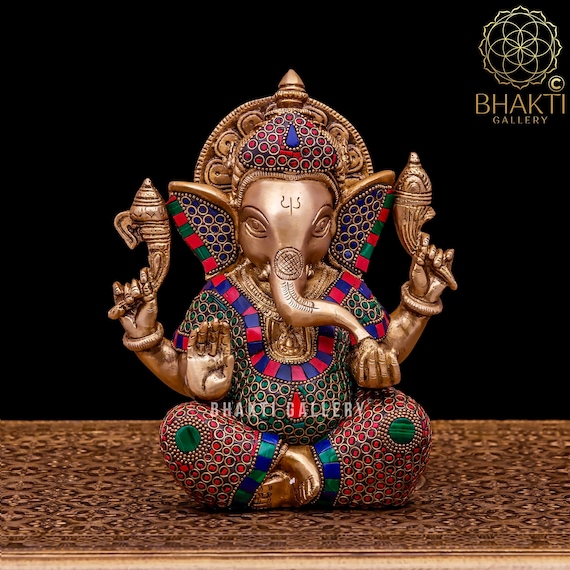 Brass Ganesha Statue with Mosaic Stonework, 21 cm Brass Ganesh Statue, Ganpati Idol, Good Luck Gift for New Beginnings, Housewarming gift