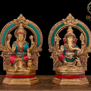 Brass Ganesha Lakshmi Statue with Stonework, 25 cm Brass Lakshmi Ganesh Statue, Laxmi Ganesh Murti, Ganesha Laxmi Figure, Hindu God Idols