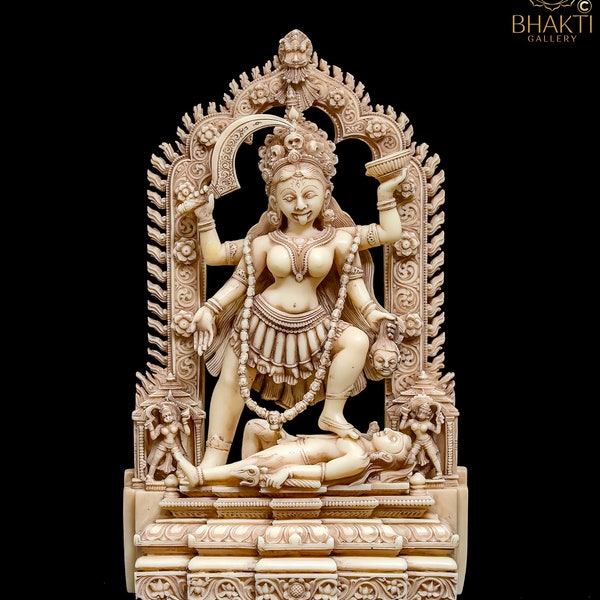 Maa Kali Statue, 27 cm Ivory Look Antique Finish Dust Marble Goddess Kali Idol, Parvati, Kalika, Shiva-Shakti Figurine, Hindu Black Goddess.