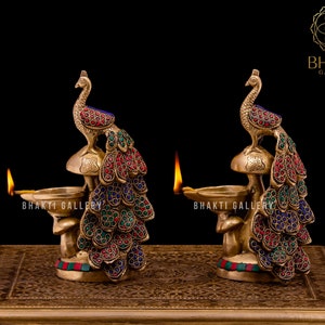 Brass Peacock Diya with Stonework, 22 cm peacock Design Brass Oil Lamp Stand 2 pc Set, Traditional Indian Oil Lamps, Brass Decorative Diyas