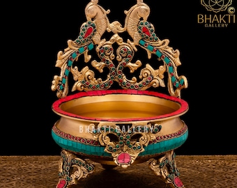 Brass Urli with Stonework, 27 cm Traditional Indian Peacock Design Brass Urli Bowl, Floating flowers Candles Diya Pot, Peacock Brass Urli