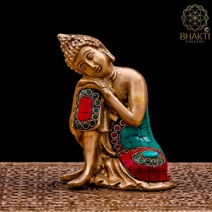 Brass Small Resting Buddha Statue with Stonework, 15 cm Small Size Brass Buddha Idol Resting on knee, Yoga Studio Meditation Room Decor