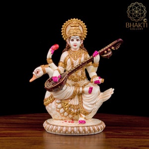 Saraswati Statue on Swan, 21 cm Hand Painted Cultured Marble Goddess Saraswati Figure, Hindu Goddess of Knowledge, Music, Art & Wisdom